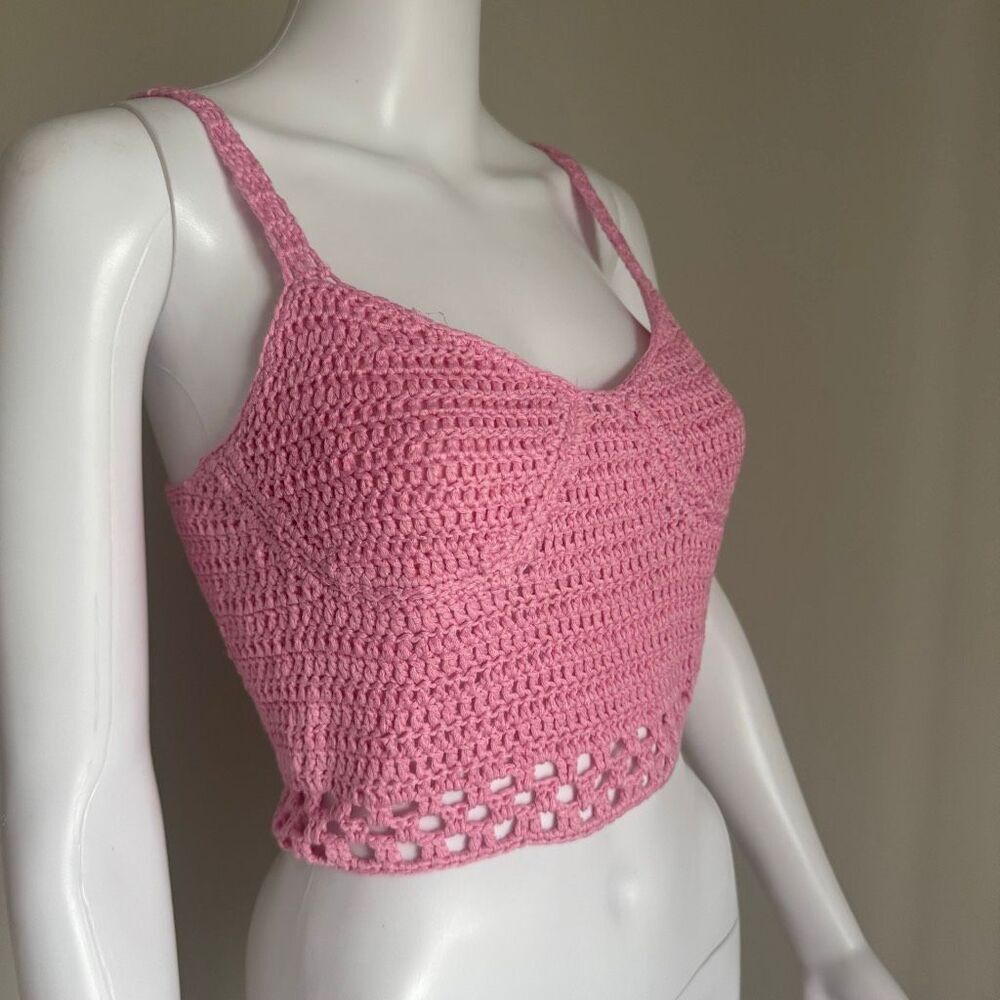 Crotchet Lace Up Boho Festival Summer Sleeveless Crop Top Pink NWT